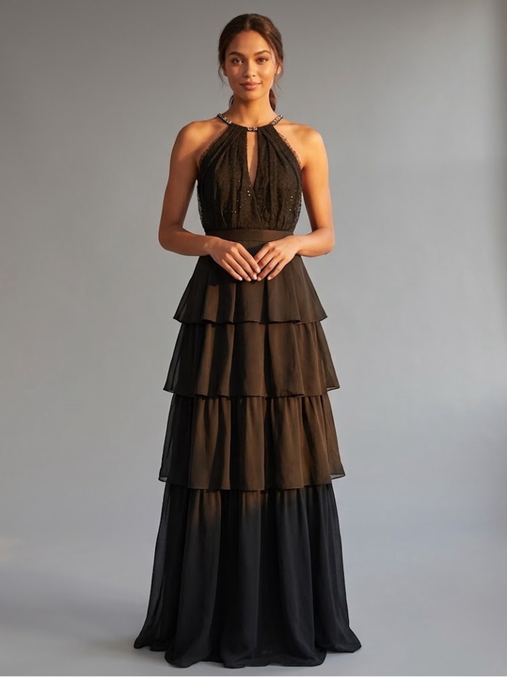 BCBG MaxAzria Black Silk Chiffon Ruffle Rhinestone Tiered Prom Gown Dress Size 4